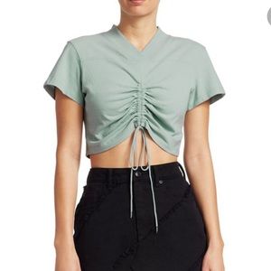 ALEXANDER WANG T
High Twist V-neck Short-sleeve Ruched Jersey Crop Tee W/ Ties